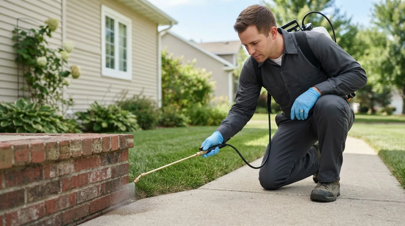 Pest control technician treating a home near North Attleboro, MA