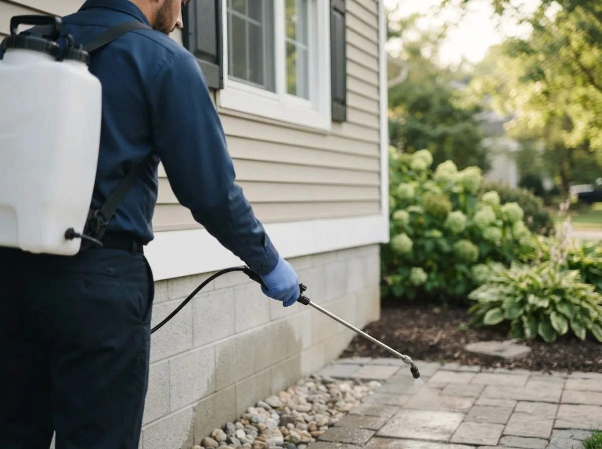 Pest control technician inspecting a home in North Attleboro, MA